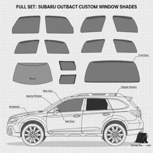 A complete 8-piece kit overview of a subaru outback window shade set covering all side and rear windows.