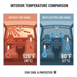 An infographic showing the temperature difference inside a vehicle using an electric sun shade car.