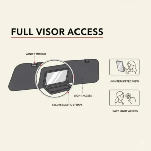Demonstration of the convenient mirror cutout design found in modern auto sun visor covers.