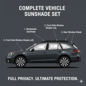 Full vehicle coverage illustration featuring a complete window set of subaru outback sunshade for total privacy.