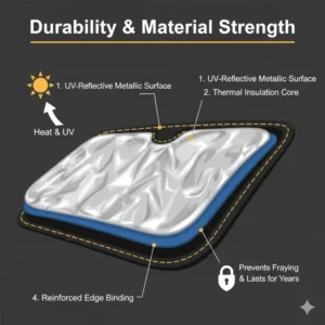 Detailed view of the high-quality materials and reinforced edges of a jeep windshield sun shade.