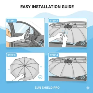 Illustration showing the easy step-by-step installation of a foldable car shade umbrella inside a vehicle.