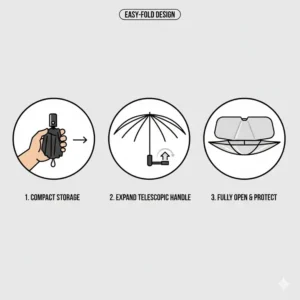 Diagram showing the easy-to-use folding mechanism of an umbrella sun shade for truck.