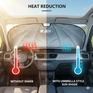 Infographic showing the temperature difference inside a vehicle with and without an umbrella style sun shade.