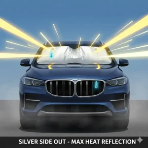 An illustration of the silver side of a sunshade blue or silver side out reflecting intense solar heat.