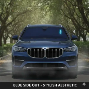 A car parked in the shade with the blue side of a sunshade blue or silver side out facing the exterior.