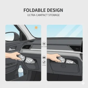 Illustration of a compact foldable umbrella style sun shade fitting into a car door pocket or glove box.