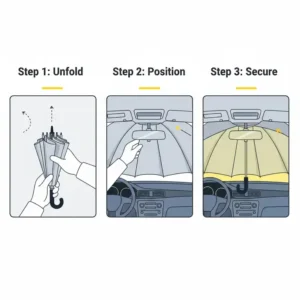 Step-by-step instructions on how to easily set up a car windshield sun shade umbrella.