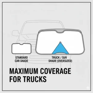 Size comparison chart featuring an oversized umbrella sun shade for truck compared to standard car sizes.