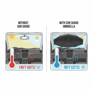 Side-by-side illustration comparing car interior temperatures with and without a car windshield umbrella.