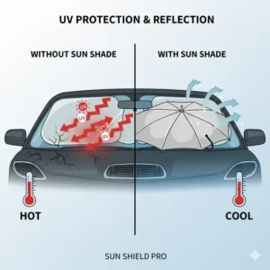 Diagram illustrating how the reflective coating of a car shade umbrella blocks harmful UV rays and solar radiation.