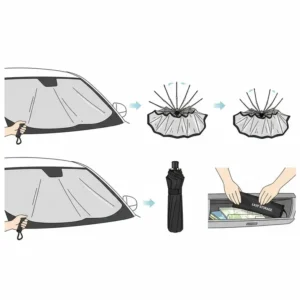 Diagram of a compact and foldable window umbrella car being stored easily in a glove compartment.