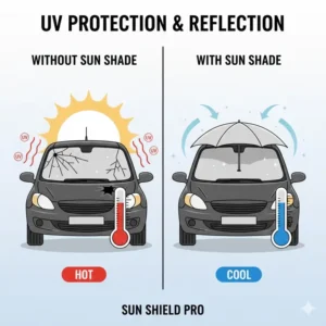 A side-by-side infographic comparing the hot interior of a car without a shade versus the cool interior with a car shade umbrella.