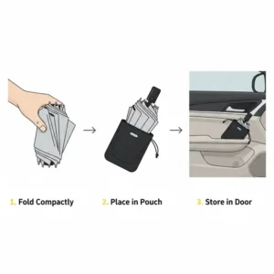 Demonstration of how a car windshield sun shade umbrella folds into a compact size for easy storage.