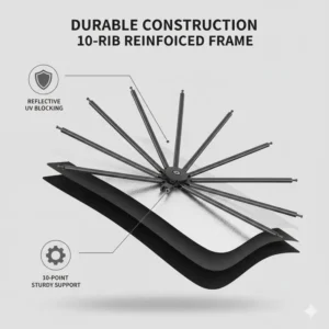 Close-up diagram of the 10-rib reinforced frame of an umbrella style sun shade for enhanced durability.