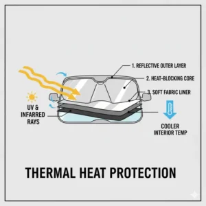 Technical illustration of the thermal layers in an umbrella sun shade for truck that reduce cabin heat.