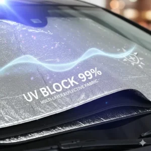 Close-up of the multi-layer reflective fabric on a window umbrella car for maximum UV protection.