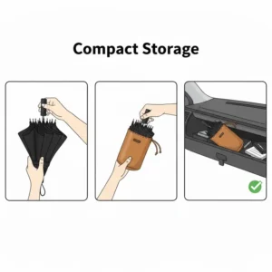 Illustration of a car windshield umbrella folded into a small leather pouch for easy storage in a glove box.