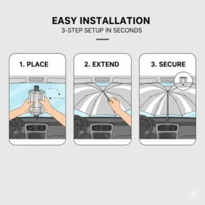 Three-step illustration showing how to open and secure an umbrella style sun shade against a car windshield.