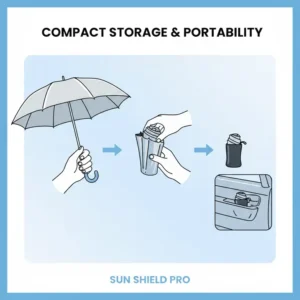 Illustration of a car shade umbrella folded into a compact size, fitting easily into a car door pocket or glove compartment.