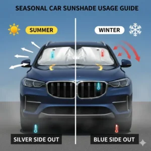 A seasonal guide showing how to position a sunshade blue or silver side out during summer and winter.
