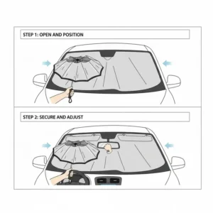 Step-by-step visual instructions on how to properly set up a window umbrella car on the windshield.