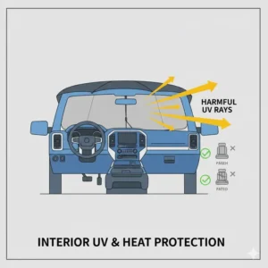 Interior view showing how an umbrella sun shade for truck protects the dashboard and leather seats from sun damage.