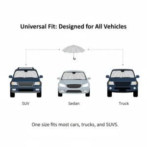 Illustration showing that the car windshield sun shade umbrella provides a universal fit for SUVs, sedans, and trucks.