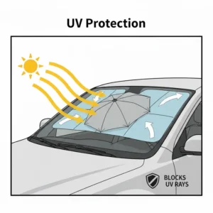 Detailed illustration showing a car windshield umbrella reflecting harmful UV rays away from the dashboard.