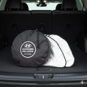 The black branded storage bag containing the folded hyundai palisade sun shade in the trunk.