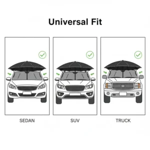 Illustration showing a car windshield umbrella fitting perfectly in various vehicles from sedans to SUVs.