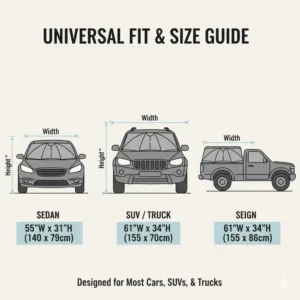 Dimensional drawing of a universal fit umbrella style sun shade suitable for sedans, SUVs, and trucks.