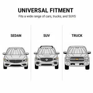 Illustration demonstrating the universal fit of a window umbrella car on sedans, SUVs, and trucks.