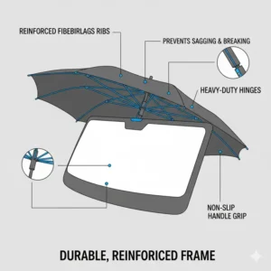 Detailed view of the reinforced ribs and sturdy frame construction of a premium umbrella sun shade for truck.