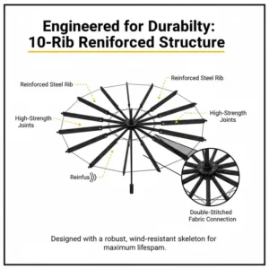 Technical view of the 10-rib reinforced frame that makes the car windshield sun shade umbrella sturdy and durable.