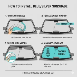 Step-by-step instructions on how to correctly install a sunshade blue or silver side out for maximum cooling.