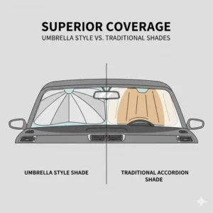 Side-by-side comparison showing the gap-free coverage of an umbrella style sun shade versus a sagging traditional sun shade.