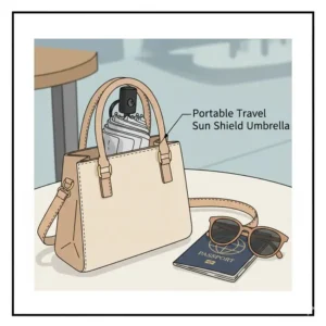 A compact and portable sun shield umbrella stored in a small bag.