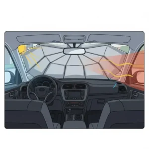 An interior view of a car using a specialized sun shield umbrella for the windshield.