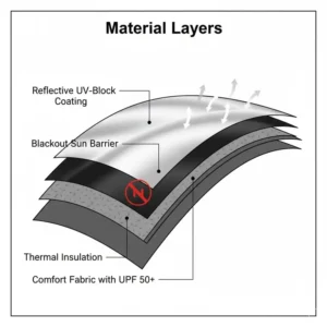 Cross-section showing the multiple protective fabric layers of a sun shield umbrella.