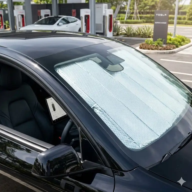 A premium silver reflective best tesla model y windshield sun shade perfectly fitted to block UV rays and intense summer heat.