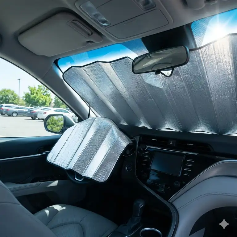 Interior view of a vehicle with the best sunshade for car installed on the windshield.