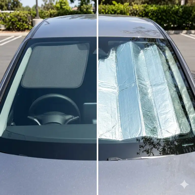 A professional comparison showing the visual differences between a safeguard vs metallic sunshade installed in a modern car.