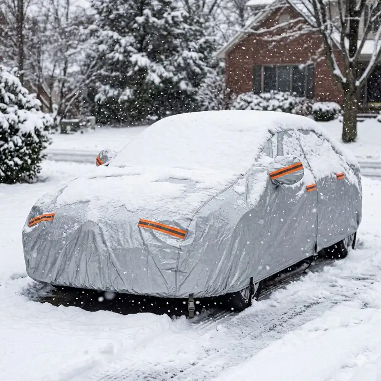 A heavy-duty silver sedan protected by durable winter car covers for snow in a storm.