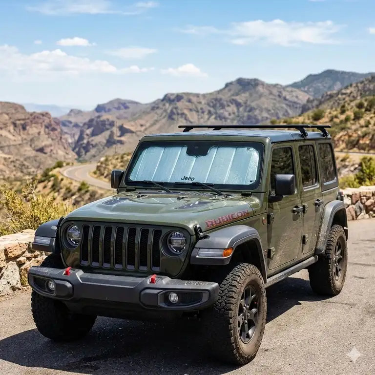 A premium custom-fit windshield sun shade jeep wrangler installed in a vehicle parked on a mountain road.