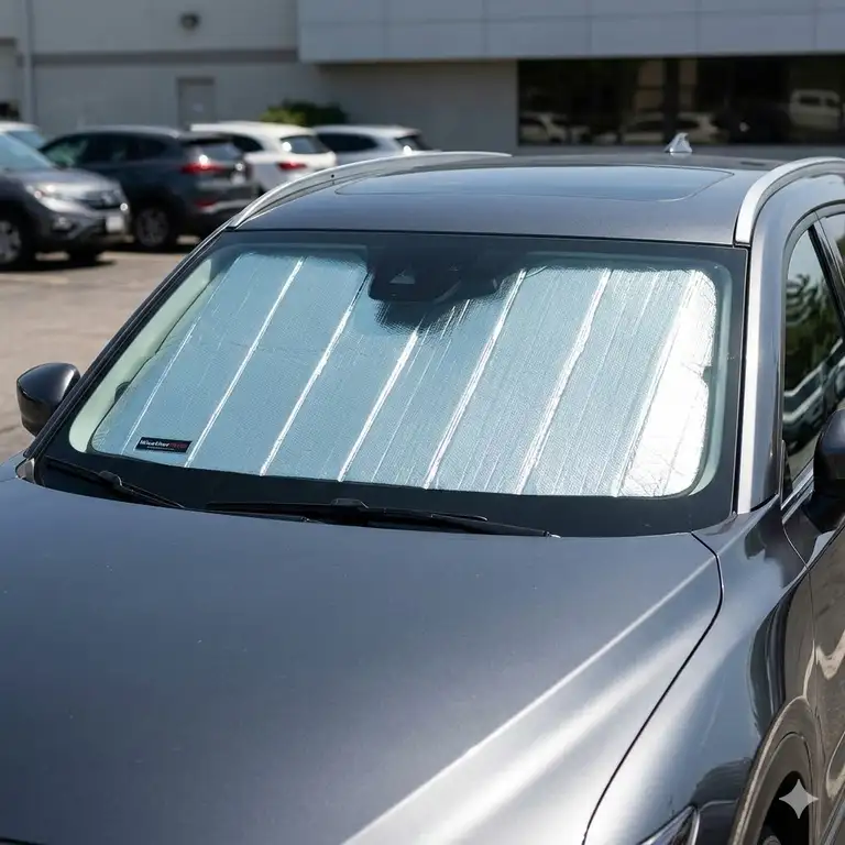 A full interior view of a car windshield for a weathertech sunshade review showing custom fitment.