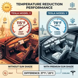 A comparison chart showing how the best tesla model y windshield sun shade reduces interior cabin temperature significantly.