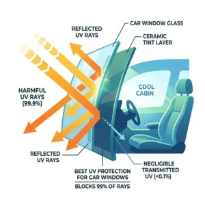 Illustration 1: A technical diagram explaining how ceramic tint provides the best uv protection for car windows by blocking 99% of rays.