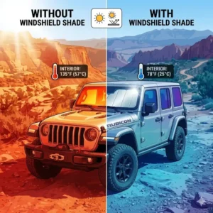 Infographic showing 50% temperature reduction after using a windshield shade for jeep wrangler.