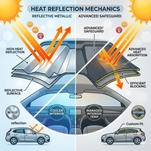 Infographic explaining the heat reflection and absorption mechanics of a safeguard vs metallic sunshade.